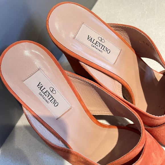 Valentino Crossover Wedge Heels 38 8 Orange Rust Suede Cork Slides Sandals - Picture 6 of 8